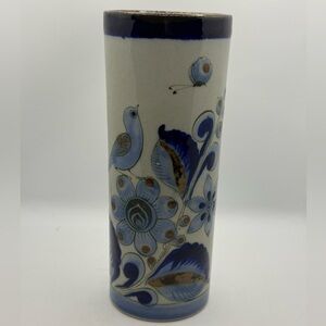 El Palomar Tonala Cylinder Vase Bird & Flower Ken Edwards Mexican Pottery